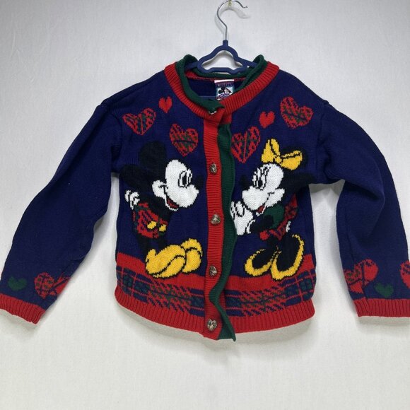 VINTAGE Mickey & Minnie Mouse Walt Disney Knit Cardigan Sweater Kids Size 6x USA - Picture 1 of 7